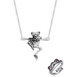 Hanging Frog Necklace Set Silver Tree Ring Frog Necklaces Set Pendant Ring